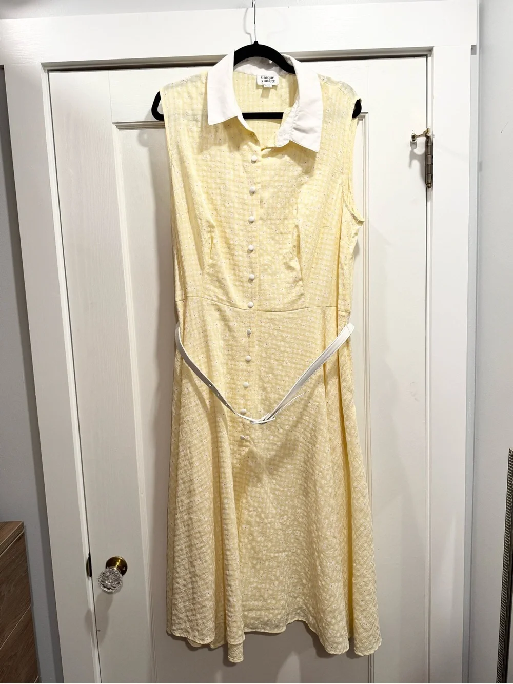 Unique Vintage Butter Yellow Embroidered Daisy Midi Dress 2X Retro 1950s Gingham